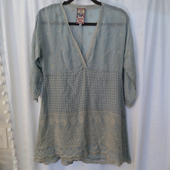 Johnny Was Tops - Johnny Was Light Blue and Beige Embroidered Tunic
